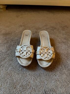 Tory Burch Cream Leather Logo Slide Mules